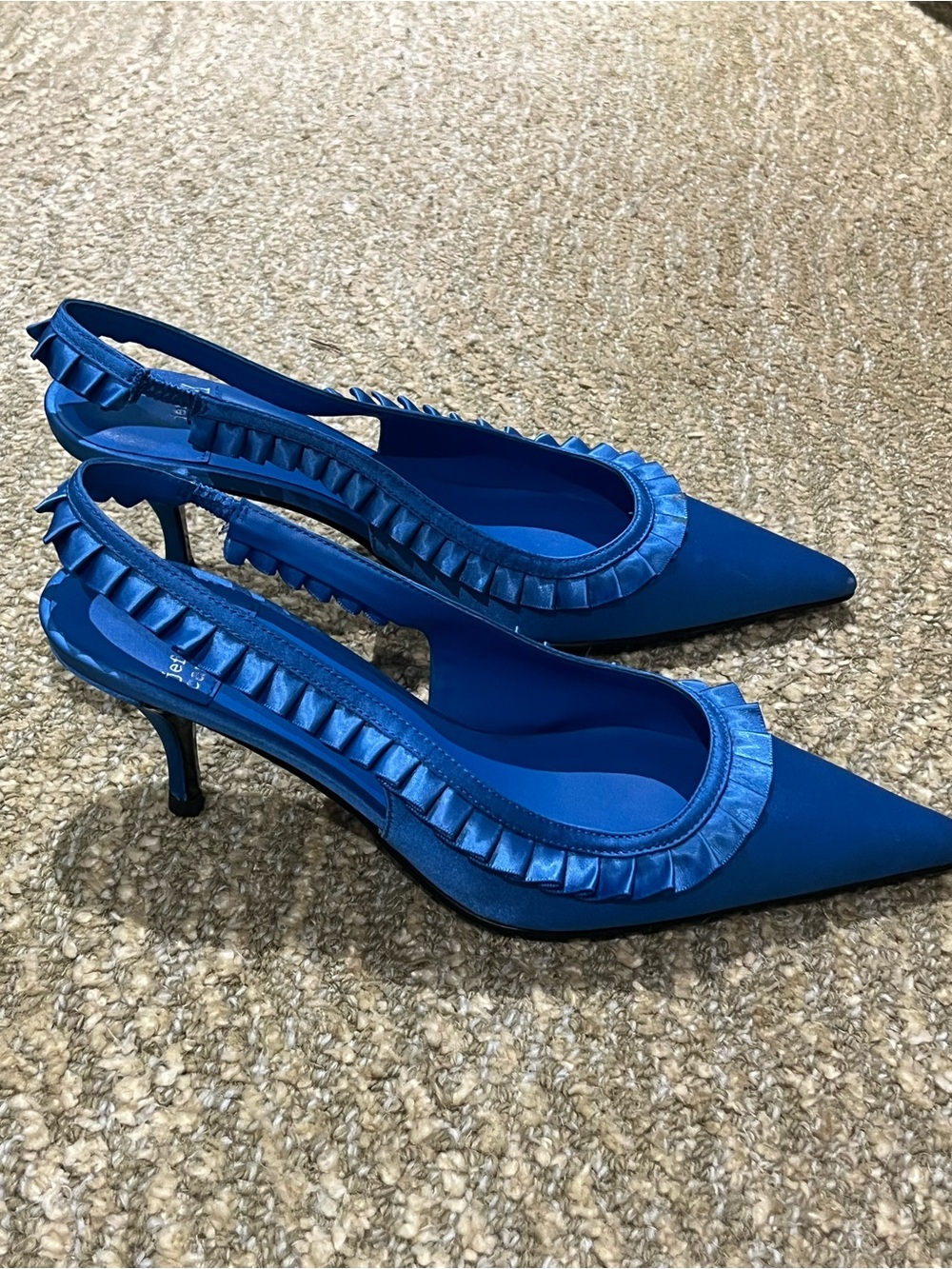 NWT $225 #JeffreyCampbell Blue Satin Pointed Slingback kitten heels sz 8 - Picture 2 of 8